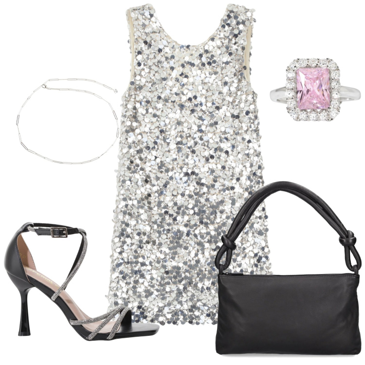 Outfit donna - Brillante!. Stile Glamour per Serata fuori. Abbinamento con anelli, sandali col tacco, vestiti corti, cinture, borse a spalla.