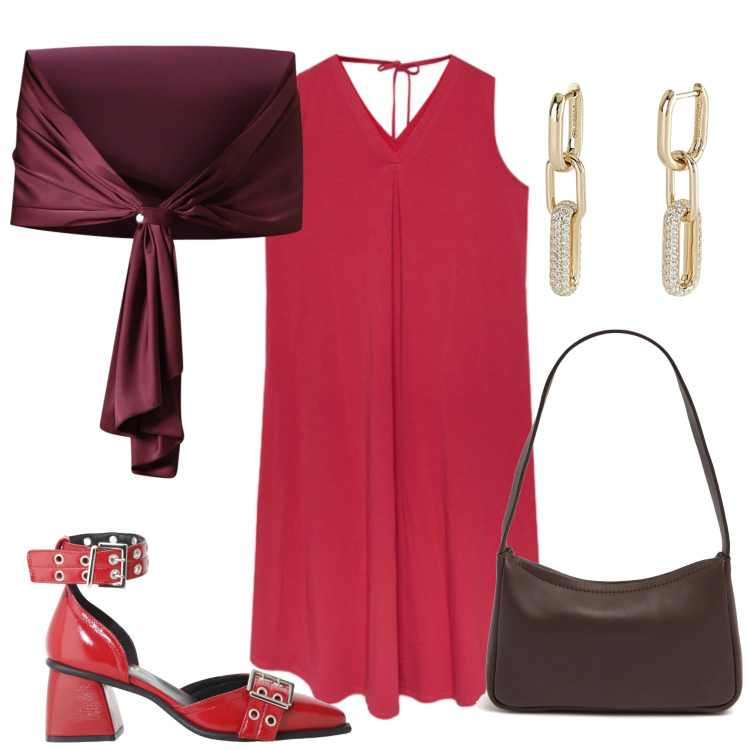 Outfit donna - Festa estiva. Stile Glamour per Serata fuori. Abbinamento con orecchini, scialli, décolleté, vestiti midi/longuette, borse a spalla.