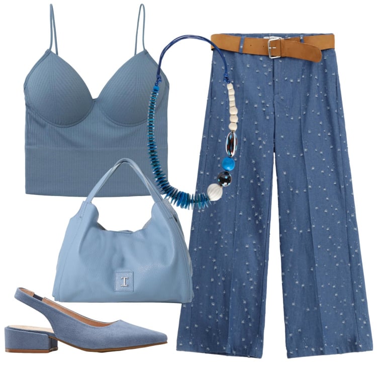 Outfit donna - Celeste. Stile 70s per Tutti i giorni. Abbinamento con décolleté, top, pantaloni, pochette, collane.