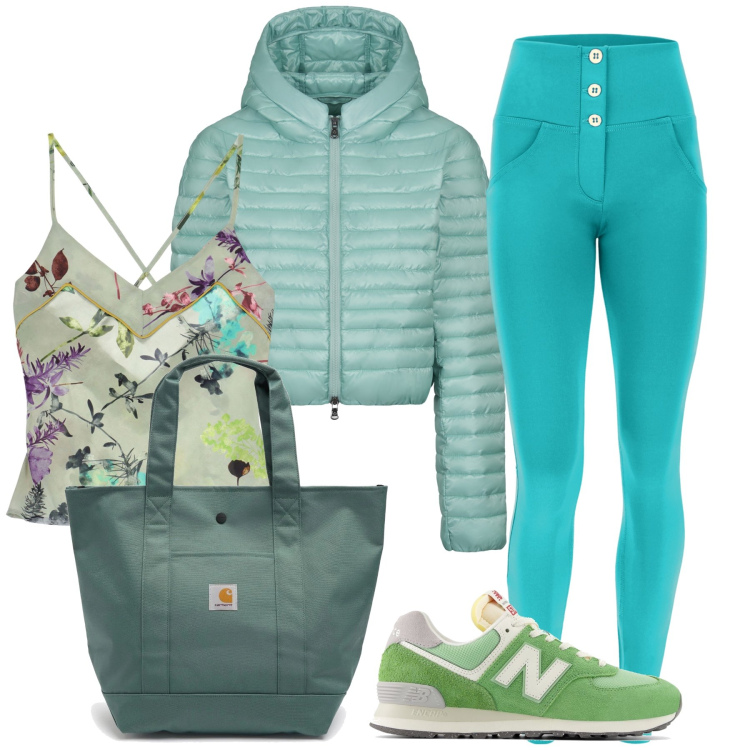 Outfit donna - Cena turchese in montagna. Stile Trendy per Serata fuori. Abbinamento con sneakers, pantaloni skinny, canottiere, piumini, borse tote.