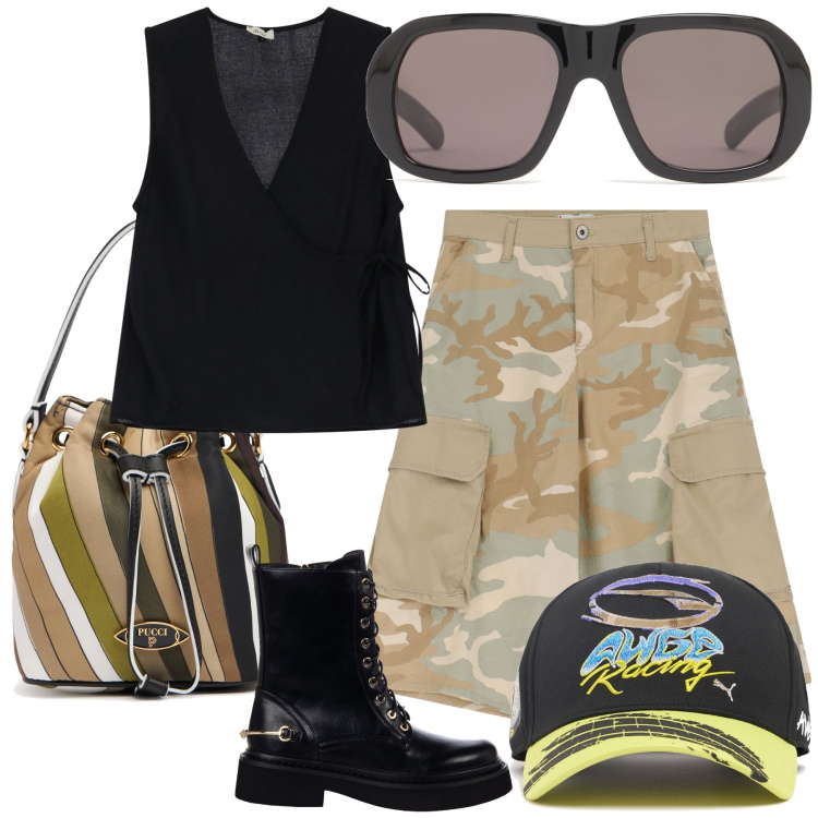 Outfit donna - Pantaloni militari. Stile Military per Tutti i giorni. Abbinamento con anfibi, bermuda, top, borse a mano, occhiali da sole, cappelli.