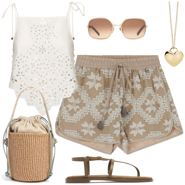 Outfit donna - Al mare. Stile Casual chic per Mare. Abbinamento con collane, shorts, sandali in pelle, top, occhiali da sole, borse a secchiello.