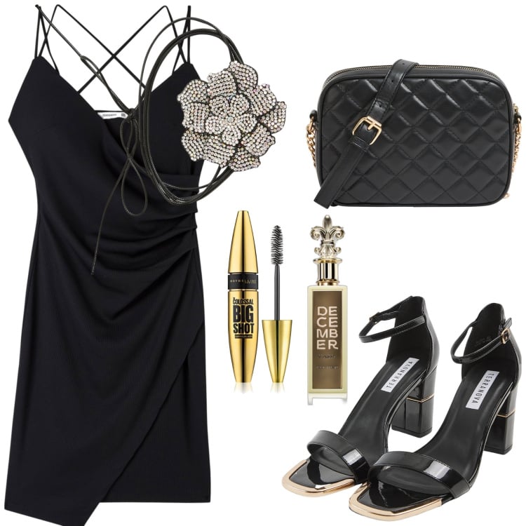 Outfit donna - Vestitino nero. Stile Basic per Serata fuori. Abbinamento con mascara, profumi, sabot, vestiti, collane, borse a tracolla.