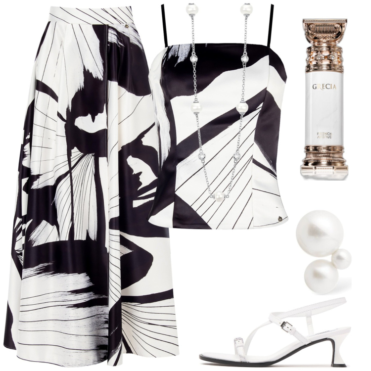 Outfit donna - Bianco e nero. Stile Chic per Cerimonia. Abbinamento con profumi, collane, gonne lunghe, canottiere, sandali in pelle, orecchini.