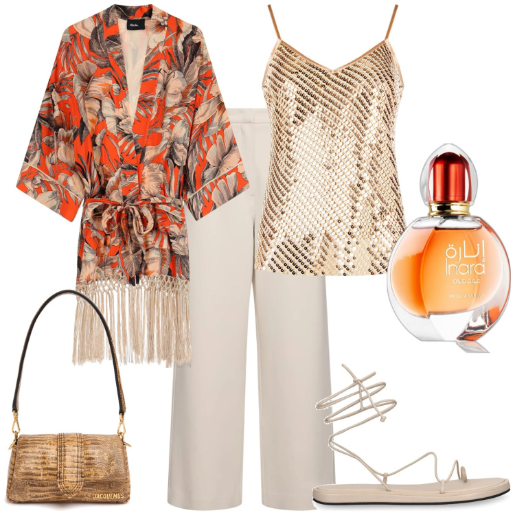 Outfit donna - Kimono. Stile Etnico per Ufficio. Abbinamento con profumi, canottiere, kimono, borse a spalla, sandali in pelle, pantaloni.