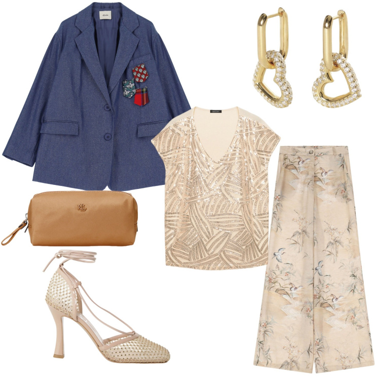Outfit donna - Contrasti chic. Stile Casual chic per Serata fuori. Abbinamento con orecchini, décolleté, pantaloni, blazer, pochette, t-shirt.
