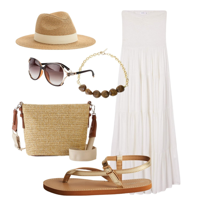 Outfit donna - Total look #2205444. Stile Basic per Mare. Abbinamento con borse a tracolla, occhiali da sole, cappelli, vestiti lunghi, ciabatte, collane.