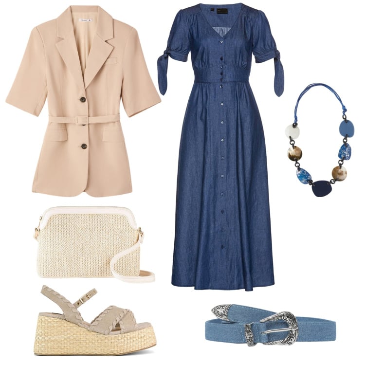 Outfit donna - L\'abito in denim. Stile Minimal per Tutti i giorni. Abbinamento con vestiti, borse a tracolla, blazer, cinture, zeppe, collane.