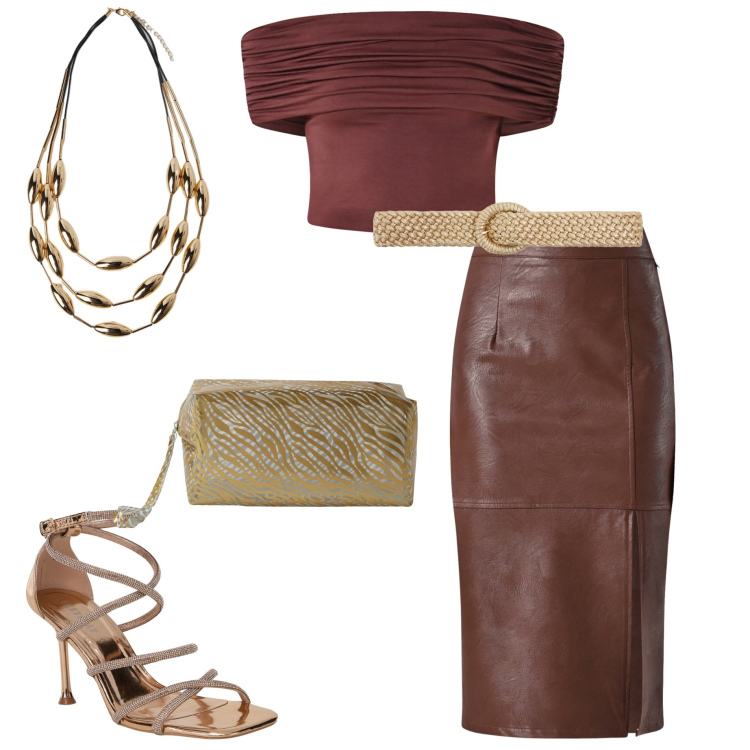 Outfit donna - Serata estiva. Stile Casual chic per Serata fuori. Abbinamento con sandali col tacco, cinture, pochette, gonne longuette, top, collane.