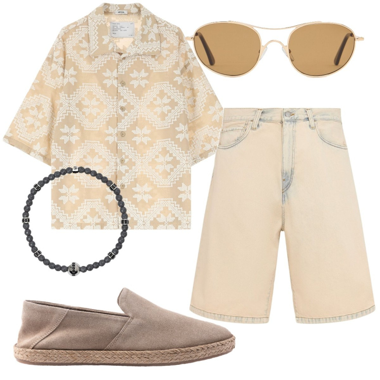 Outfit uomo - Mi sento in vacanza. Stile Trendy per Tutti i giorni. Abbinamento con braccialetti, camicie a manica corta, occhiali da sole, espadrillas, shorts.