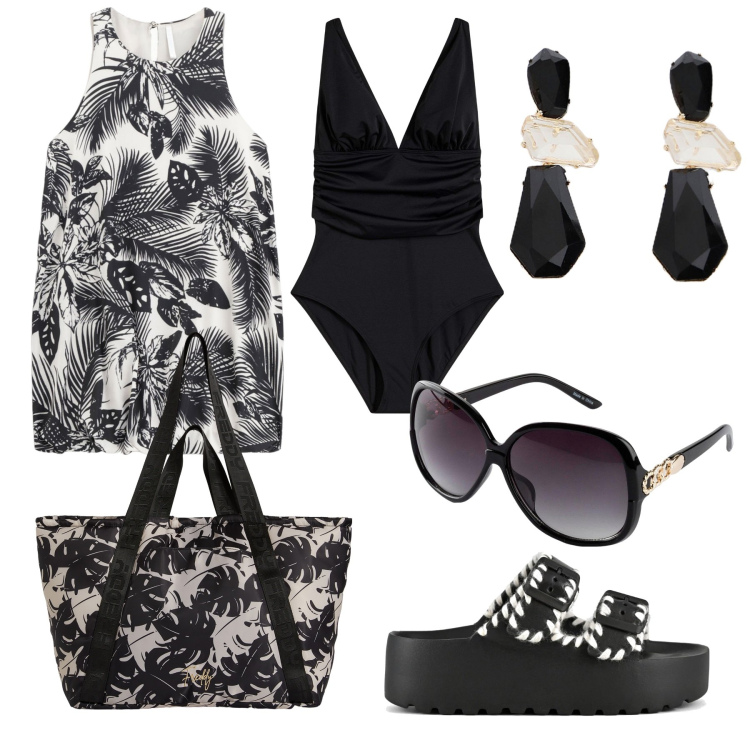 Outfit donna - Bianco e nero con brio. Stile Vintage retrò per Mare. Abbinamento con costumi interi, occhiali da sole, vestiti corti, shopping bag, orecchini, ciabatte.