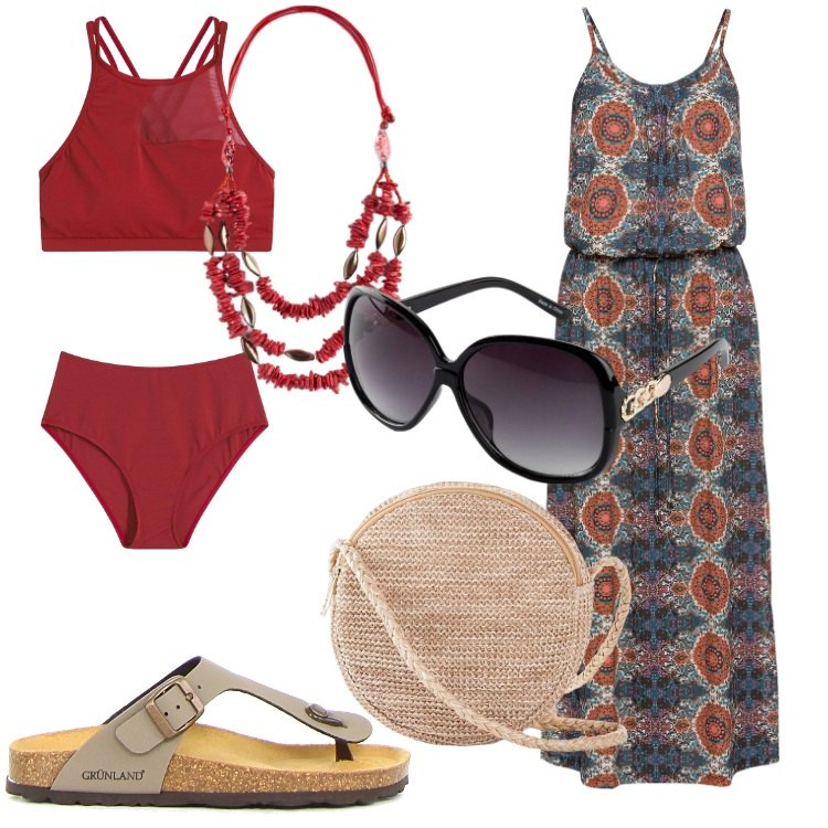 Outfit donna - Outfit da spiaggia curvy. Stile Etnico per Mare. Abbinamento con vestiti lunghi, borse a tracolla, occhiali da sole, bikini, collane, ciabatte.