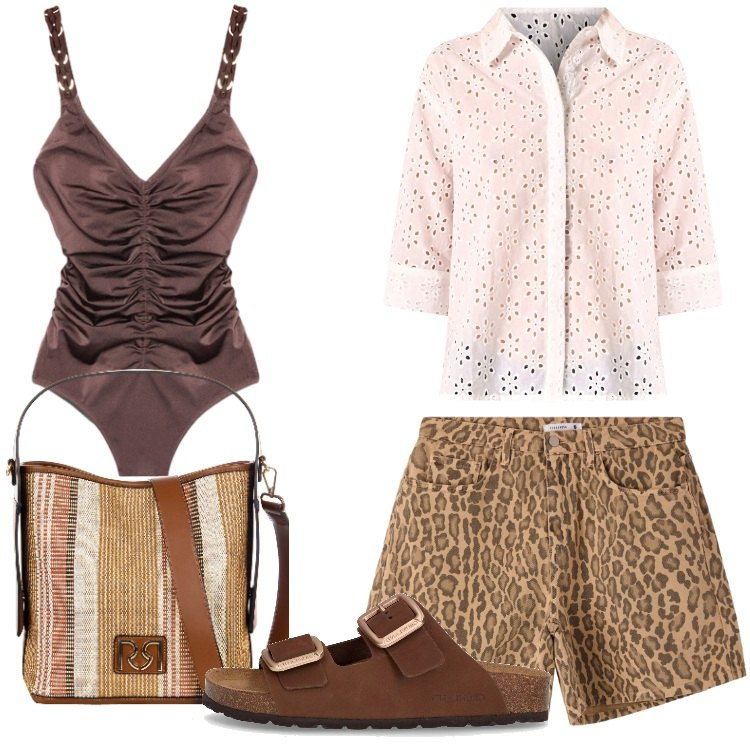 Outfit donna - Outfit da spiaggia curvy. Stile Trendy per Mare. Abbinamento con shorts, camicie, borse a secchiello, costumi interi, ciabatte.
