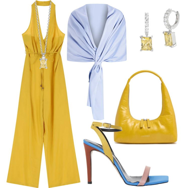 Outfit donna - Colori vivaci. Stile Casual chic per Serata fuori. Abbinamento con orecchini, collane, stole, tute, sandali col tacco, borse a spalla.