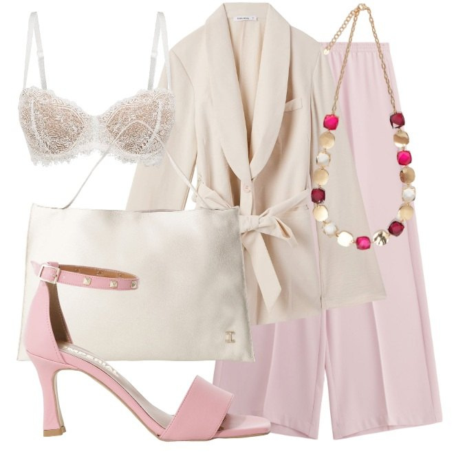 Outfit donna - Giacca con cintura e sandali rosa. Stile Casual chic per Tutti i giorni. Abbinamento con reggiseni a balconcino, blazer, sandali col tacco, pantaloni, borse a spalla, collane.