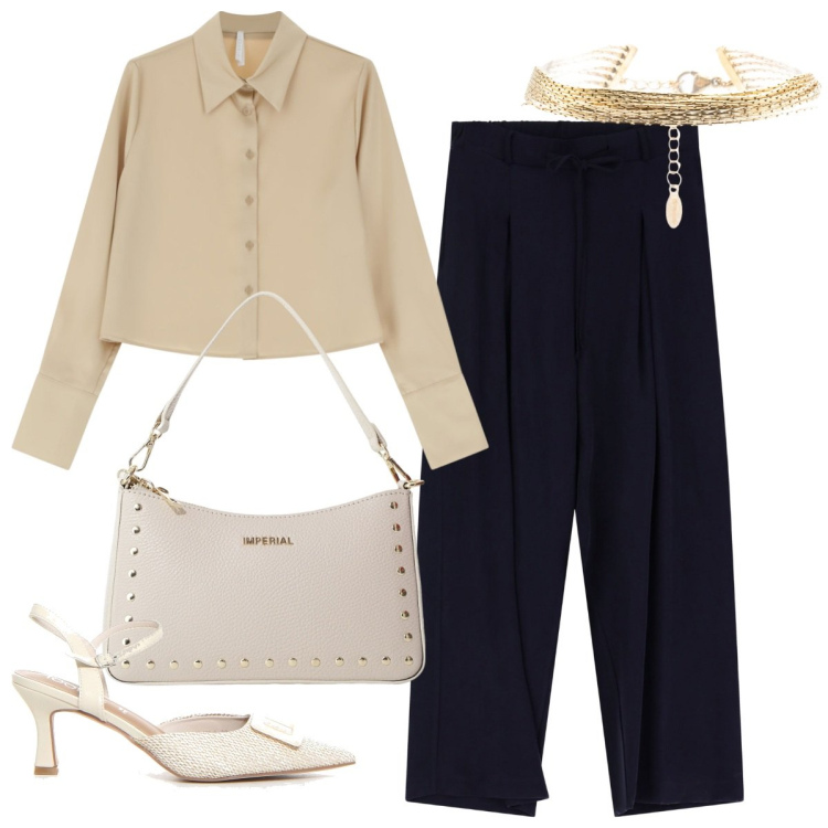 Outfit donna - Luglio al lavoro/ufficio. Stile Casual chic per Ufficio. Abbinamento con camicie, borse a spalla, braccialetti, pantaloni, sandali col tacco.