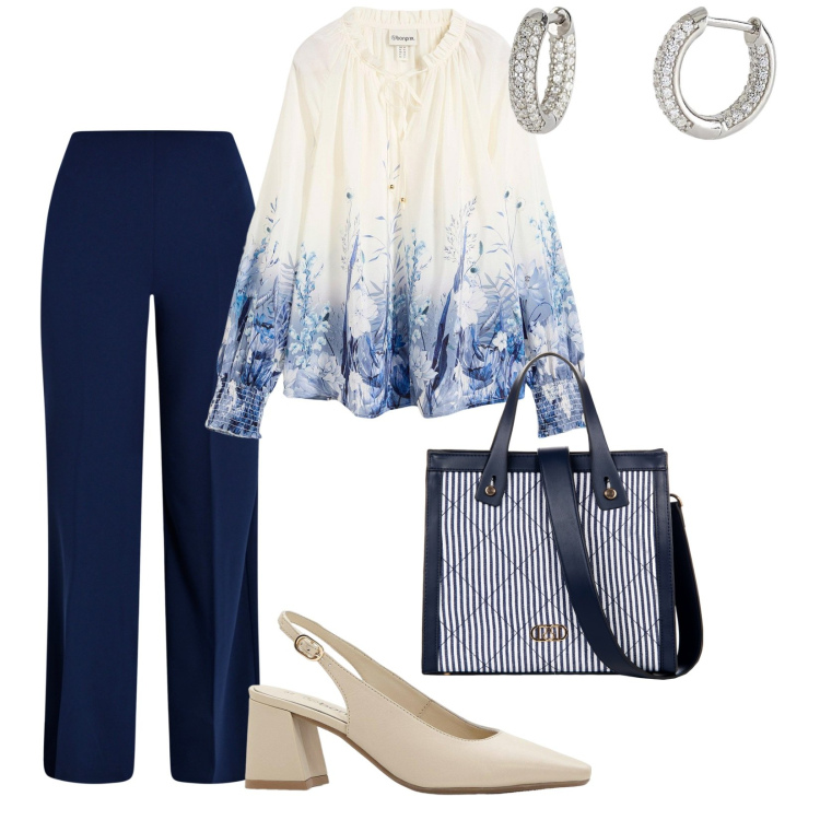 Outfit donna - Ultimi giorni di lavoro. per Ufficio. Abbinamento con bluse, décolleté, orecchini, pantaloni a palazzo, shopping bag.