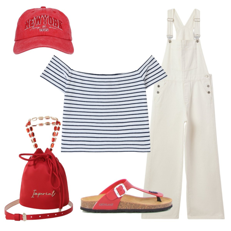 Outfit donna - Pratica salopette. Stile Casual per Tutti i giorni. Abbinamento con t-shirt, cappelli, salopette, borse a secchiello, infradito.