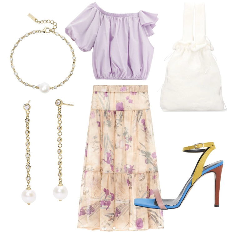 Outfit donna - A fiori viola. Stile Romantica per Serata fuori. Abbinamento con orecchini, braccialetti, top, sandali col tacco, gonne lunghe, borse a mano.