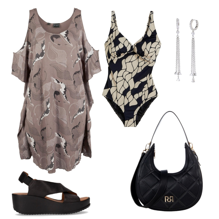 Outfit donna - Total look #2205484. Stile Casual per Mare. Abbinamento con vestiti da spiaggia, costumi interi, orecchini, borse a tracolla, sandali.