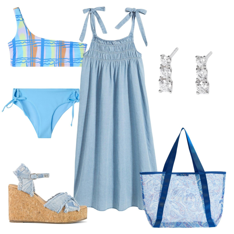 Outfit donna - Total look #2205485. Stile Casual per Mare. Abbinamento con vestiti midi/longuette, bikini, shopping bag, bikini, orecchini, zeppe.