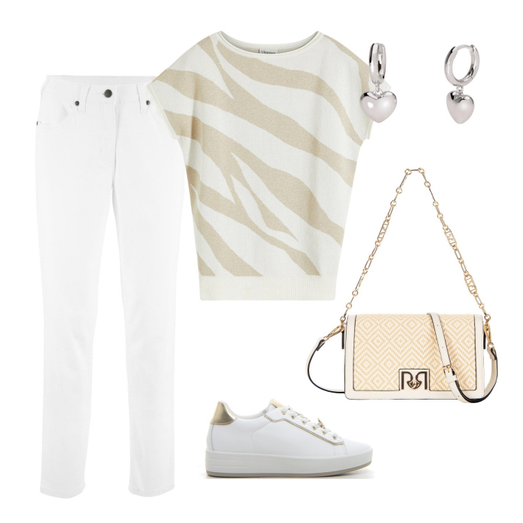 Outfit donna - Bianco con dettagli crema. Stile Chic per Ufficio. Abbinamento con maglieria, pantaloni, borse a tracolla, orecchini, sneakers.