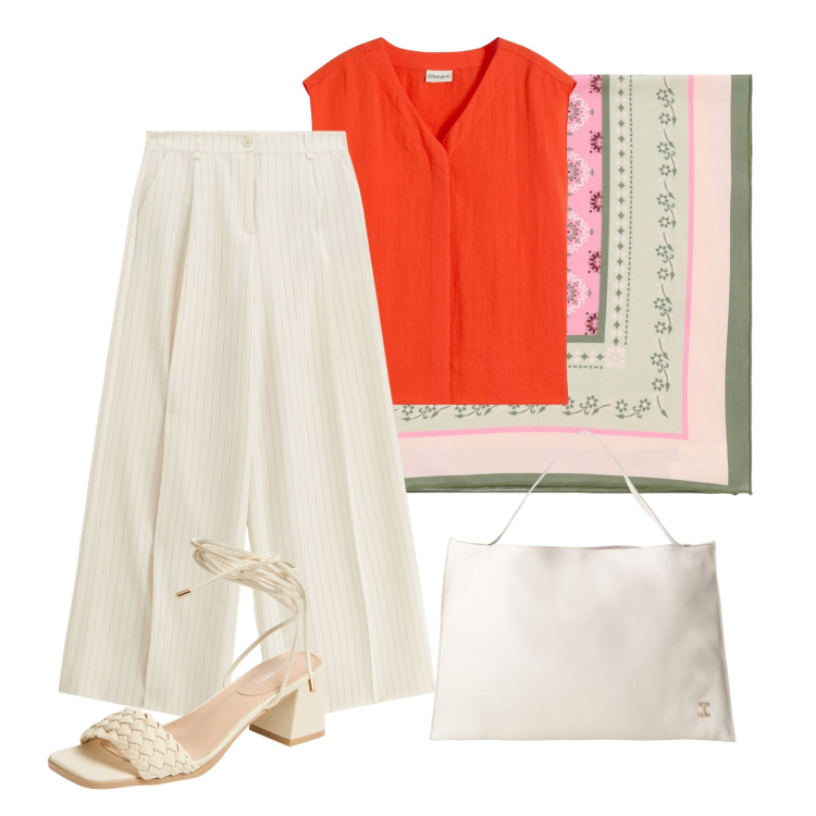 Outfit donna - Total look #2205501. Stile Casual chic per Ufficio. Abbinamento con top, sandali alla schiava, pantaloni a palazzo, borse a spalla, foulard.