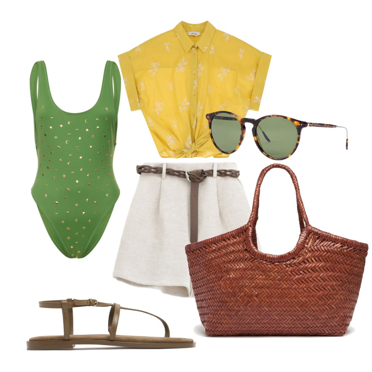 Outfit donna - Total look #2205504. Stile Basic per Mare. look ideale per Tall. Abbinamento con shorts, camicie a manica corta, occhiali da sole, costumi interi, shopping bag, sandali in pelle.