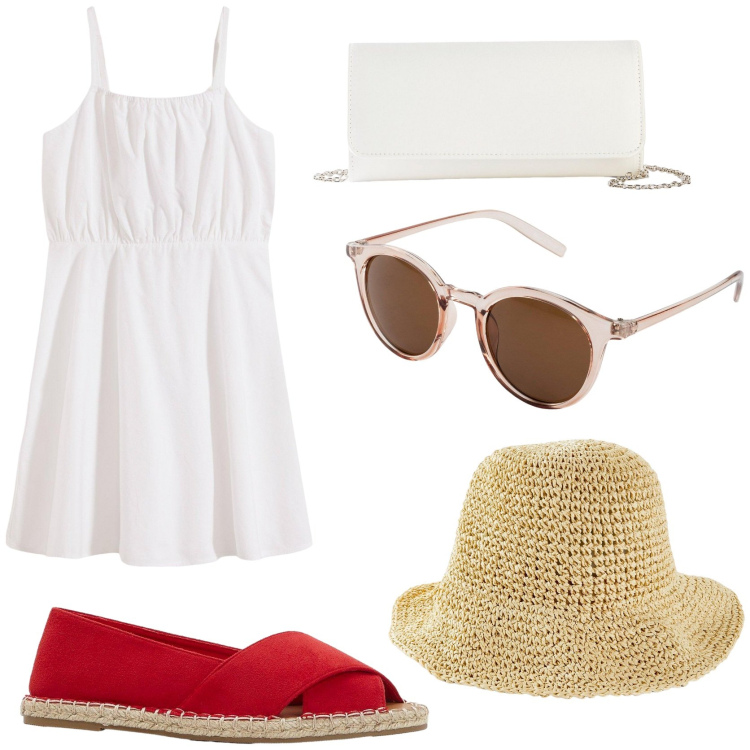 Outfit donna - Pranzo in agriturismo. Stile Urban per Tutti i giorni. Abbinamento con espadrillas, cappelli, vestiti corti, occhiali da sole, pochette.