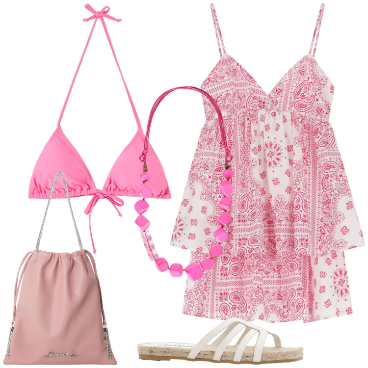 Outfit donna - Quando e’ ora dell aperitivo al mare. Stile Bon Ton per Mare. Abbinamento con ciabatte, bikini, vestiti corti, borse a secchiello, collane.