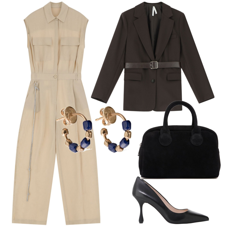 Outfit donna - Cena formale. Stile Chic per Serata fuori. Abbinamento con tute, blazer, décolleté, orecchini, borse a mano.