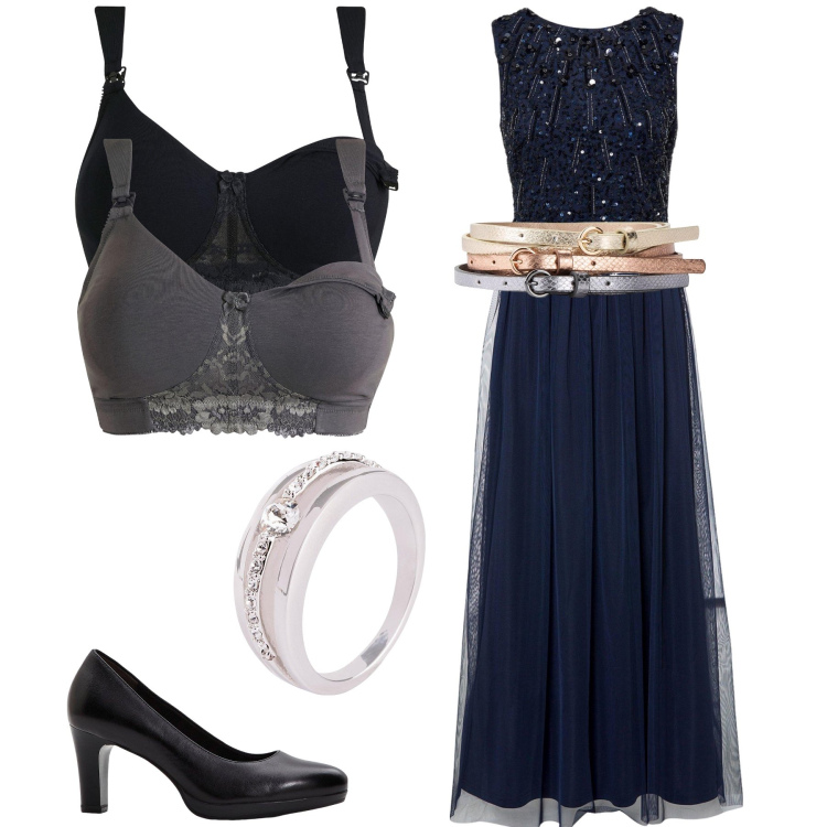 Outfit donna - Bell abito Bonprix. Stile Bon Ton per Serata fuori. Abbinamento con vestiti lunghi, cinture, anelli, reggiseni, décolleté.