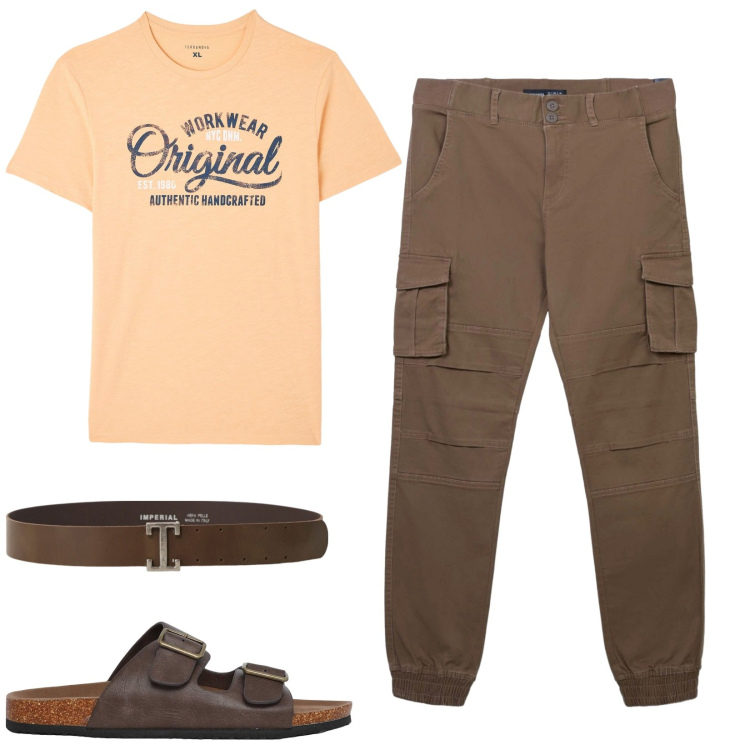 Outfit uomo - Sandali da uomo. Stile Urban per Tutti i giorni. Abbinamento con pantaloni cargo, t-shirt, sandali, cinture.