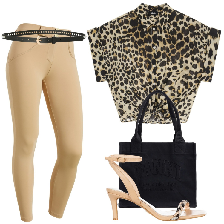 Outfit donna - Total look #2205534. Stile Sexy per Serata fuori. Abbinamento con cinture, sandali in pelle, pantaloni skinny, camicie a manica corta, shopping bag.