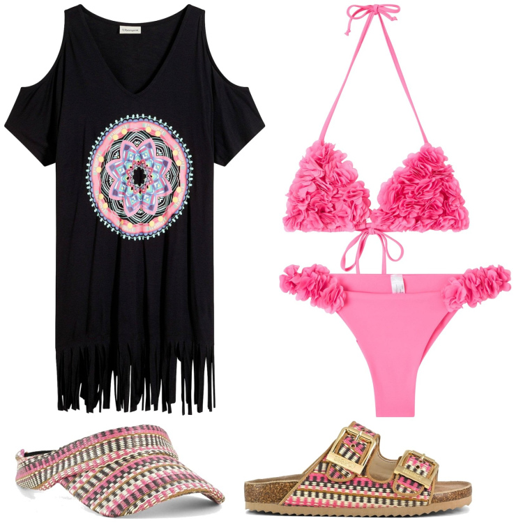 Outfit donna - Accessori in primo piano. Stile Basic per Mare. Abbinamento con vestiti da spiaggia, bikini, bikini, sandali, cappelli con visiera.