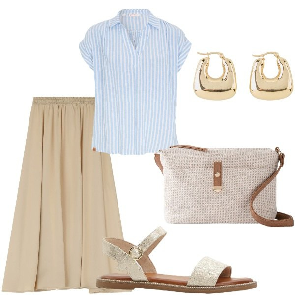 Outfit donna - Le serate di Luglio. Stile Casual per Tutti i giorni. Abbinamento con bluse, orecchini, borse a tracolla, sandali, gonne lunghe.