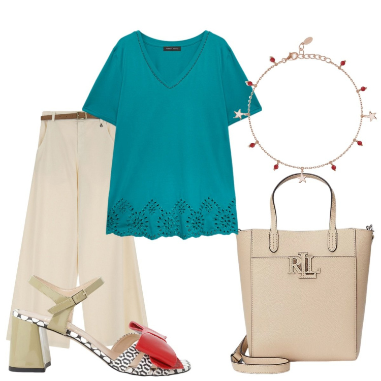 Outfit donna - In ufficio a Luglio. Stile Bon Ton per Ufficio. Abbinamento con braccialetti con ciondoli, pantaloni a palazzo, sandali col tacco, borse tote, bluse.