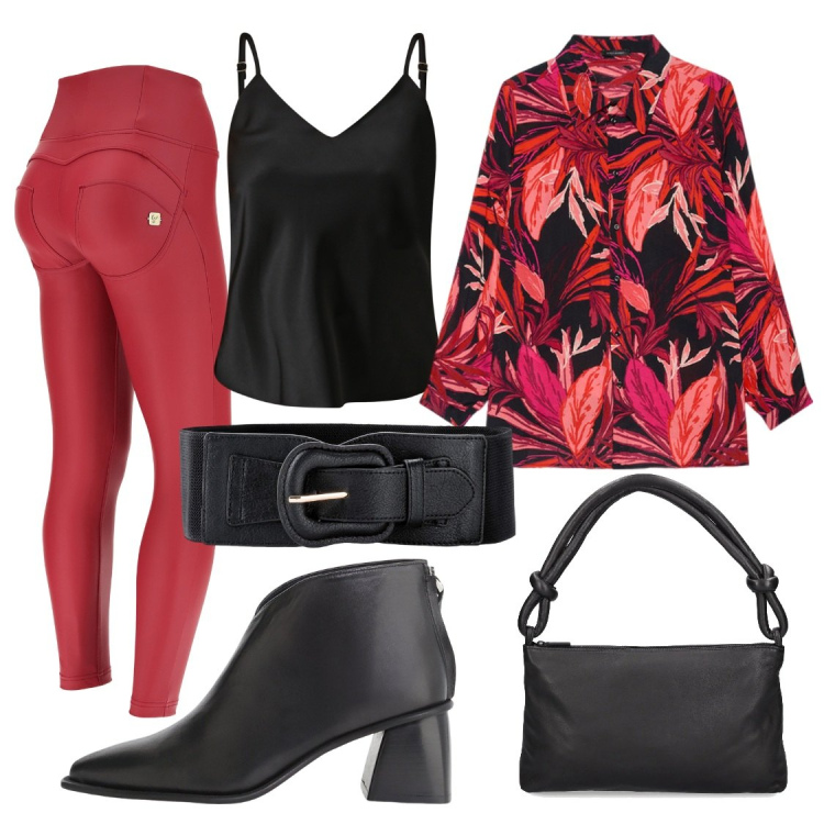 Outfit donna - Red flowers. Stile Casual per Tutti i giorni. Abbinamento con cinture, top, stivaletti, pantaloni skinny, camicie, borse a spalla.