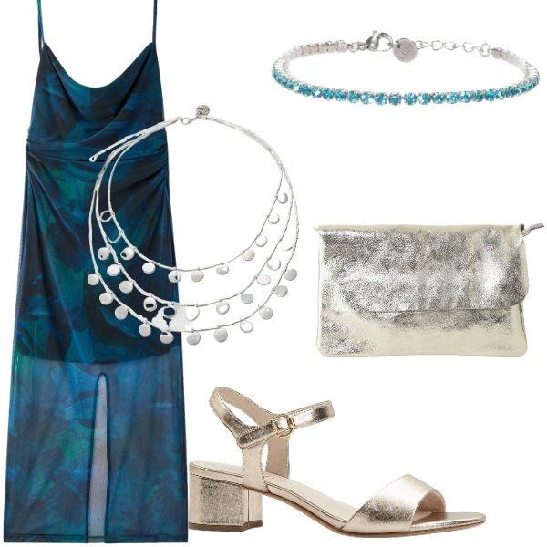 Outfit donna - A cena fuori. Stile Casual chic per Serata fuori. Abbinamento con sandali col tacco, vestiti lunghi, braccialetti, ciondoli, borse a tracolla.