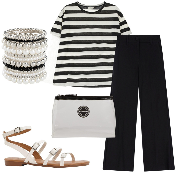 Outfit donna - Total look #2205552. Stile Casual per Tutti i giorni. Abbinamento con sandali, braccialetti, valigie, pantaloni, t-shirt.