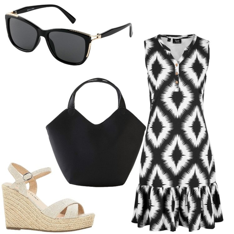 Outfit donna - Faccio due passi in centro. Stile Chic per Tutti i giorni. Abbinamento con vestiti, occhiali da sole, sandali, borse a mano.