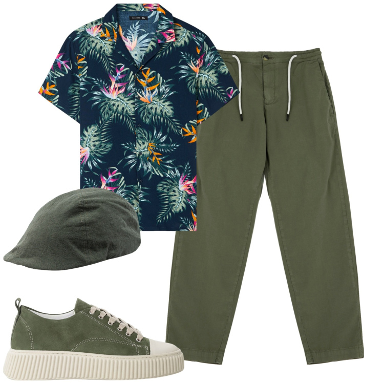 Outfit uomo - Luglio. Stile Trendy per Tutti i giorni. Abbinamento con camicie a manica corta, sneakers, pantaloni chino, cappelli con visiera.