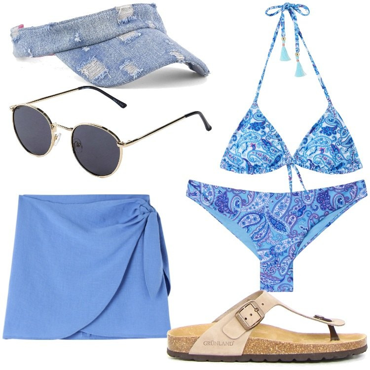 Outfit donna - Mare aspettami. Stile Casual per Mare. Abbinamento con occhiali da sole, vestiti da spiaggia, bikini, bikini, cappelli con visiera, infradito.
