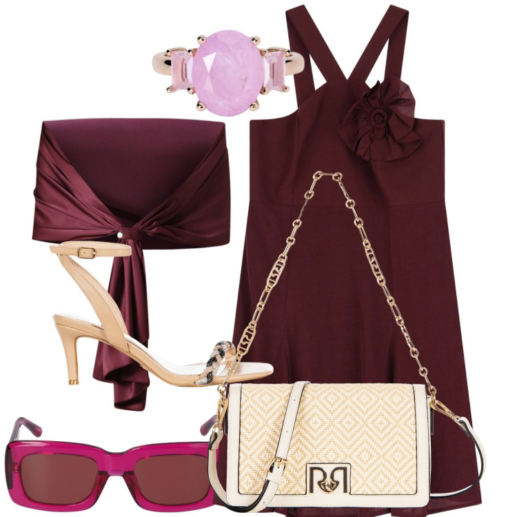 Outfit donna - Total look #2205569. Stile Bon Ton per Serata fuori. Abbinamento con anelli, scialli, borse a tracolla, sandali in pelle, vestiti asimmetrici, occhiali da sole.