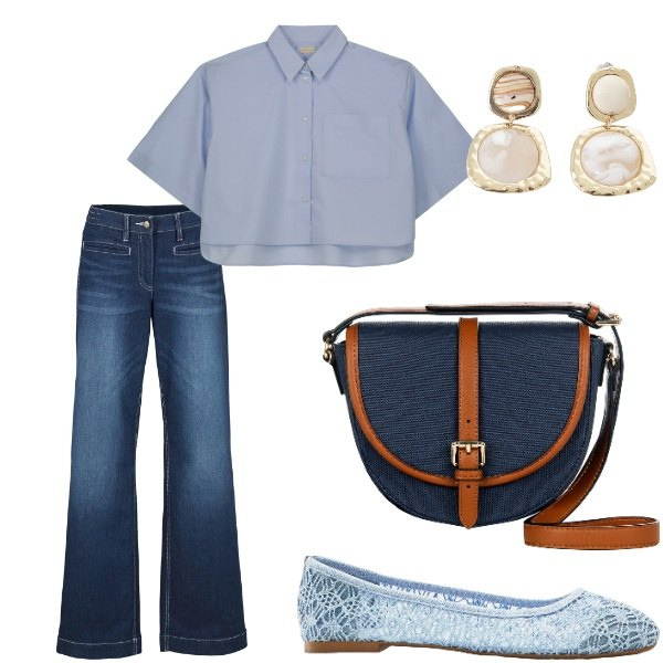 Outfit donna - Le serate di Luglio. Stile Casual per Tutti i giorni. Abbinamento con ballerine, jeans, orecchini, borse a tracolla, camicie a manica corta.