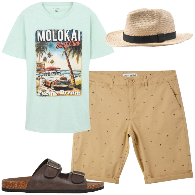 Outfit uomo - Al mare. Stile Casual per Mare. Abbinamento con t-shirt, pantaloni corti, sandali, cappelli.