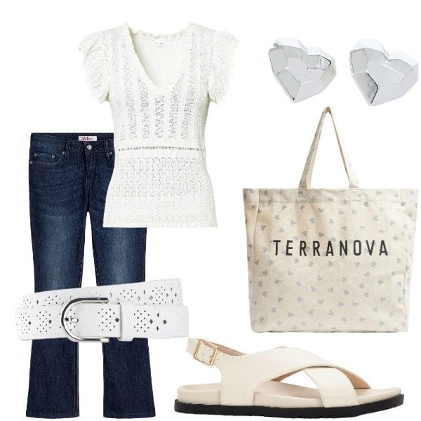 Outfit donna - Outifit di luglio. Stile Casual per Tutti i giorni. Abbinamento con bluse, jeans bootcut, sandali, cinture, shopping bag, orecchini.