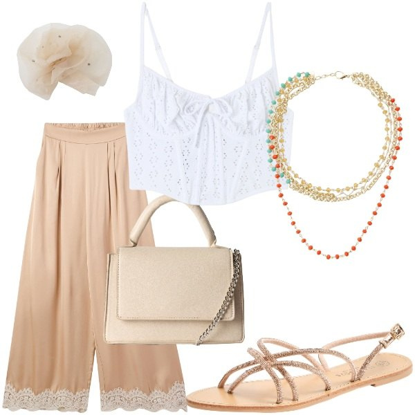 Outfit donna - A cena fuori. Stile Casual chic per Serata fuori. Abbinamento con pantaloni a palazzo, borse a tracolla, sandali, top, foulard, collane.