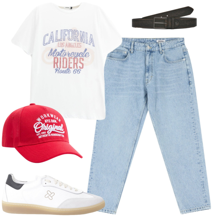 Outfit uomo - Californication. Stile Casual per Tutti i giorni. Abbinamento con cappelli, cinture, sneakers, t-shirt, jeans.