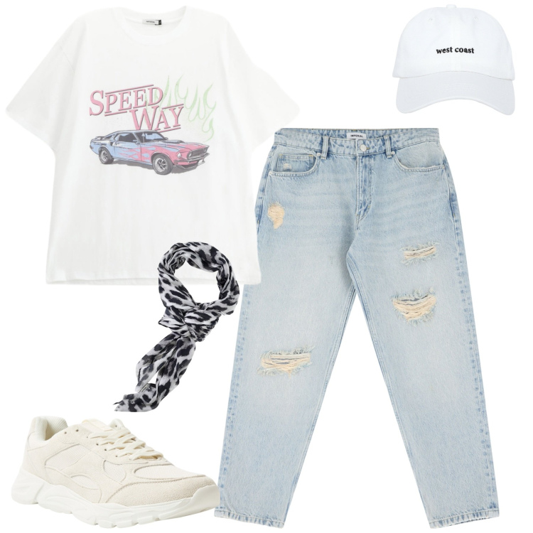 Outfit uomo - Luglio. Stile Casual per Tutti i giorni. Abbinamento con cappelli, sneakers, t-shirt, sciarpe e foulard, jeans strappati.